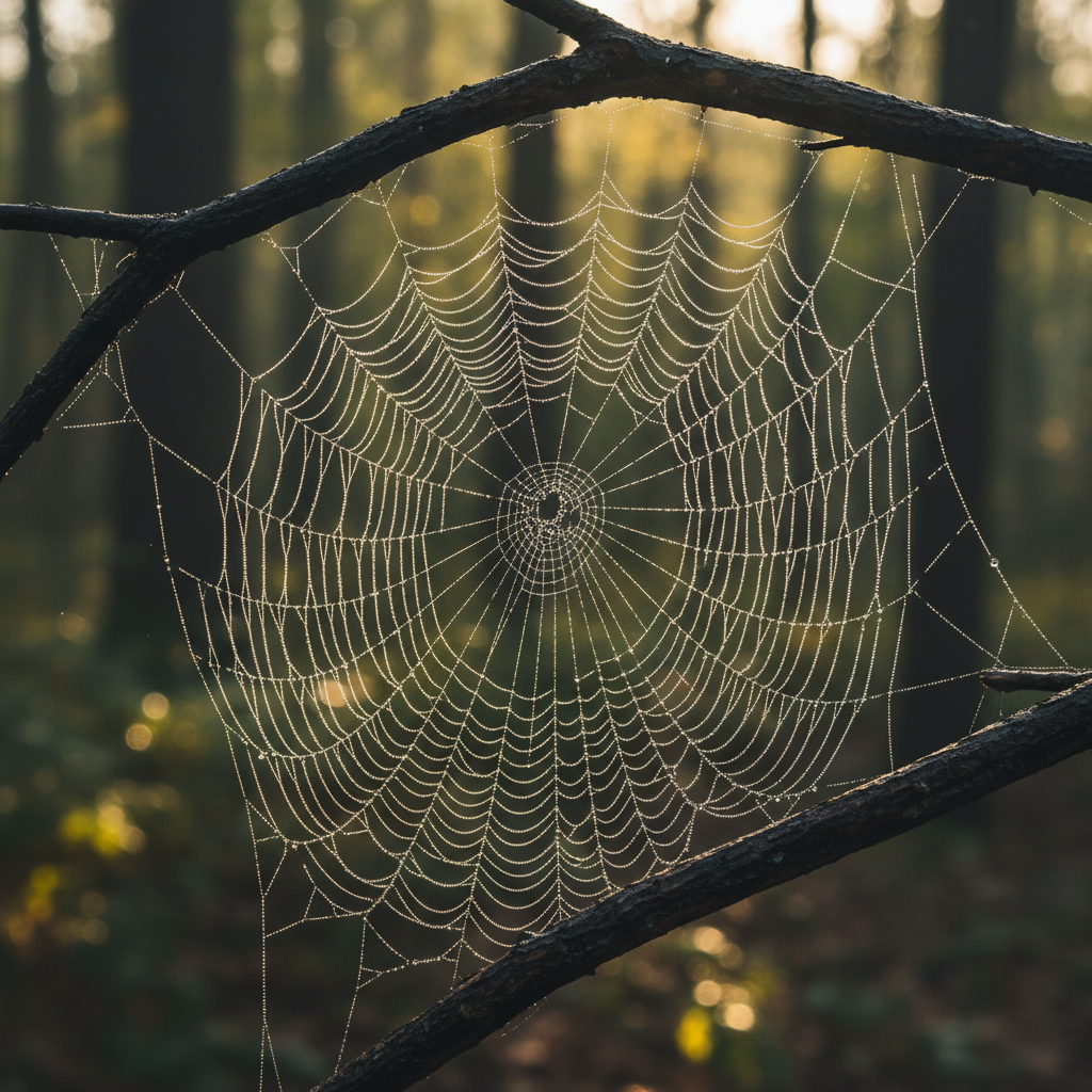 A macro photograph of a spiderweb covered in morning dew droplets, each droplet catching a different angle of soft golden light. The web is perfectly intact and geometric, suspended between two dark branches. Background is a soft bokeh blur of deep green. No text, no logos, no watermarks.