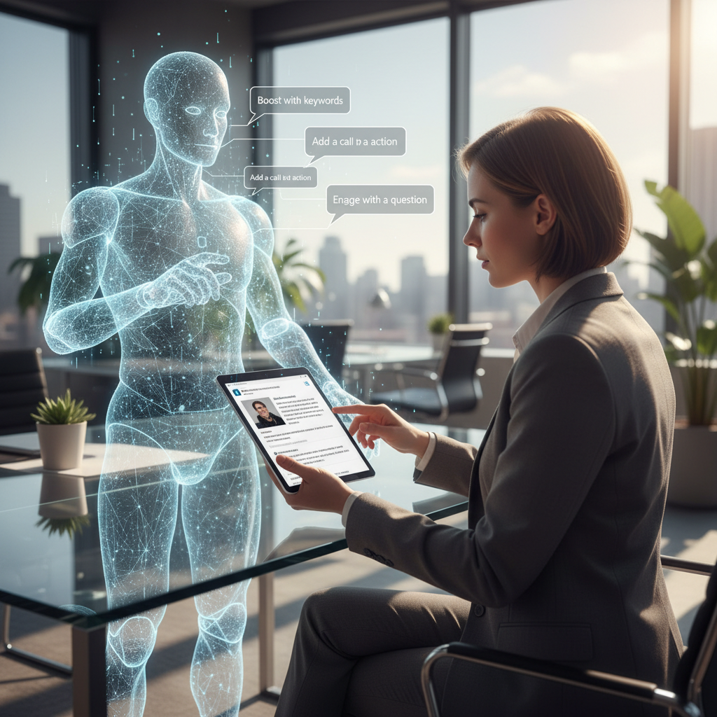 Professional sitting at a desk reviewing a LinkedIn post while a translucent AI assistant stands behind them offering suggestions, modern office, natural lighting, realistic photography.