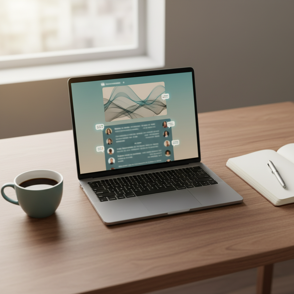 A minimalist overhead shot of a wooden desk with a laptop showing a LinkedIn post with a vibrant comment thread. A coffee cup and notebook sit nearby. Warm natural lighting from a window. Shallow depth of field. No text visible on screen. Muted professional colour palette with teal accents. Photorealistic, landscape orientation.