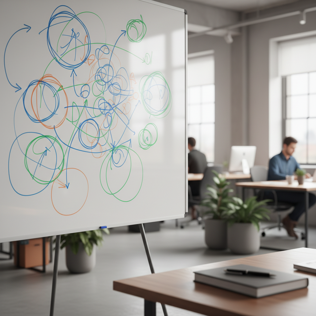A featured image approach: A wide landscape photograph of a whiteboard in a modern office, covered in hand-drawn arrows, circles and connective lines forming a loose framework diagram. Marker colours: blue, orange and green. Slightly out of focus with a shallow depth of field, the foreground showing the edge of a wooden table with a compound notebook. Soft diffused daylight. No text, no keys, no watermarks.