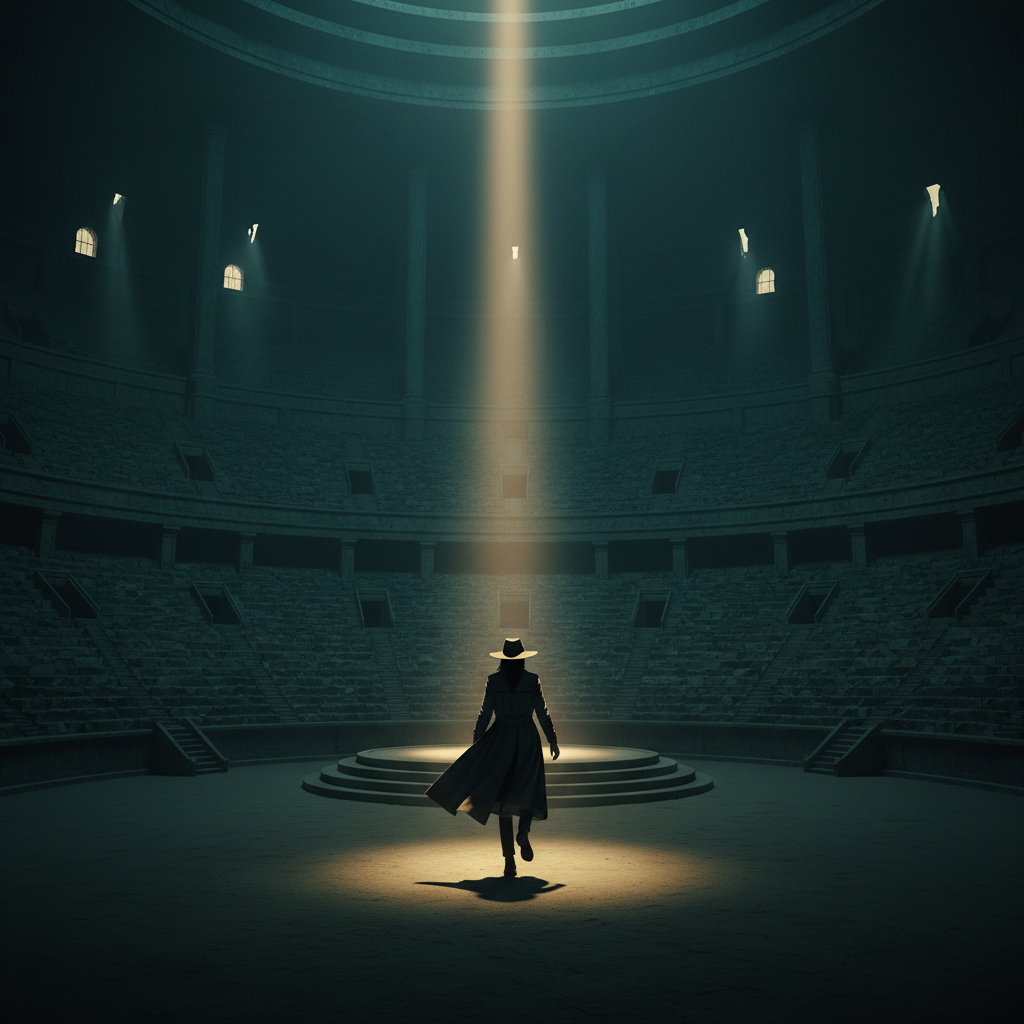 A lone figure standing at the edge of a vast circular amphitheatre that is empty except for a single spotlight on the centre stage. The figure is mid-step, walking toward the light. Represents the shift from posting into a void to deliberately building authority. Wide landscape composition, cinematic teal and gold colour grade, volumetric light, no text, no logos, no watermarks.