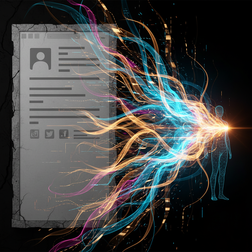 A split-contrast visual: the left half shows a grey, lifeless profile page frozen in time; the right half explodes with vibrant, flowing ribbons of light representing active content reaching outward — illustrating the difference between a static CV and a living media channel. Electric blue and warm gold accents, abstract editorial style, no text.